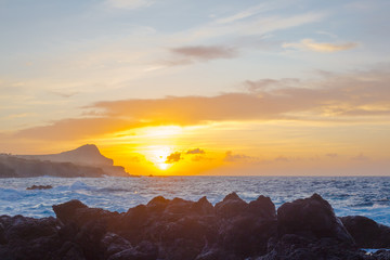 Obraz premium Lava stones on the beach of Piscinas Naturais Biscoitos. Atlantic Ocean. Terceira Azores, Portugal.