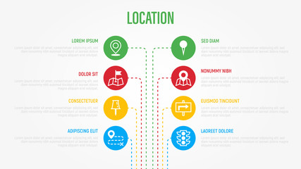 Location and navigation infographics with thin line icons. Symbols of pointer, pin, folded map, compass, route, flag, direction, search, traffic light, globe. Vector illustration.