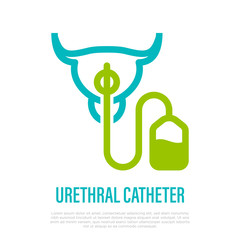 Urethral catheter inserted in urethra. Thin line icon. Medical equipment for catheterization. Vector illustration.