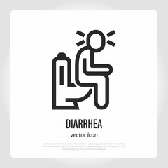 Diarrhea: man sitting in toilet and feeling pain. Thin line icon. Stomachache, hemorrhoids. Vector illustration.