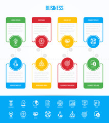 Business infographics with thin line icons. Symbols of success, strategy, finance planning, innovation, brainstorm, technical support, analytics, presentation, contract, target. Vector illustration.