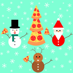 santa clause, snow man and reindeer celebrate christmas with pizza