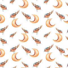 Watercolor hand painted moon and birds. Cute cartoon characters. Lovely illustration. Seamless pattern on white background