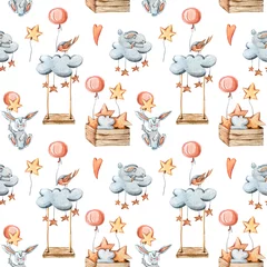 Tapeten Aquarell handgemaltes kleines Häschen, das mit Luftballons fliegt. Süße Zeichentrickfiguren. Schöne Abbildung. Nahtloses Muster auf weißem Hintergrund © Tiana_Geo