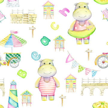 Hippo, lighthouse, beach house, umbrella. Watercolor seamless pattern, on an isolated background.