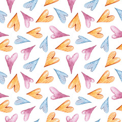 Watercolor seamless pattern with yellow, blue, violet hearts. Hand drawn print for Valentine's day, scrapbooking, wrapping paper
