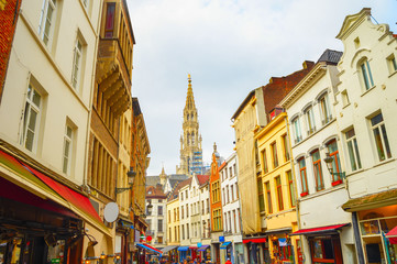 Shopping street, Church, Brussels, Belgium
