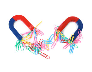 Magnets attracting paper clips on white background, top view