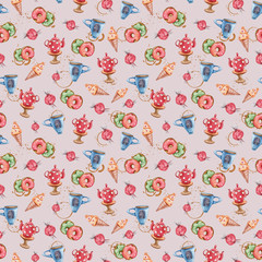 Watercolor hand painted seamless pattern. ice cream, donuts, teapot, tea cup on grey background. Perfect for scrapbooking paper, textile design, fabric, wallpaper, wrapping paper, wedding decoration