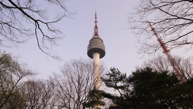 Look to N Seoul Tower from park at Namsan mountain, tree branches around. Famous landmark and tourist attraction, communication and observation tower in middle of city