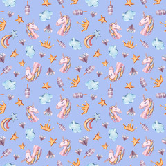 Watercolor hand painted seamless pattern with magical unicorns, rainbow, stars, diamond, clouds on blue background. Cute cartoon illustration