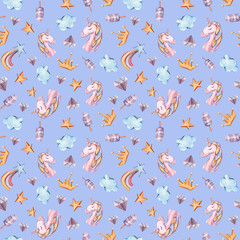 Watercolor hand painted seamless pattern with magical unicorns, rainbow, stars, diamond, clouds on blue background. Cute cartoon illustration