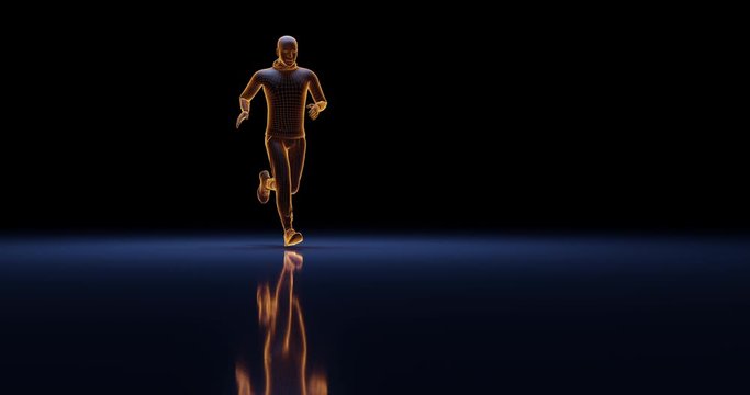 Orange glowing figure with a wireframe jogging on blue reflective surface. Concept of science of fitness. 4K with copy space. 3D animation.
