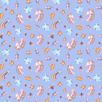 Watercolor hand painted seamless pattern with magical unicorns, rainbow, stars, diamond, clouds on blue background. Cute cartoon illustration