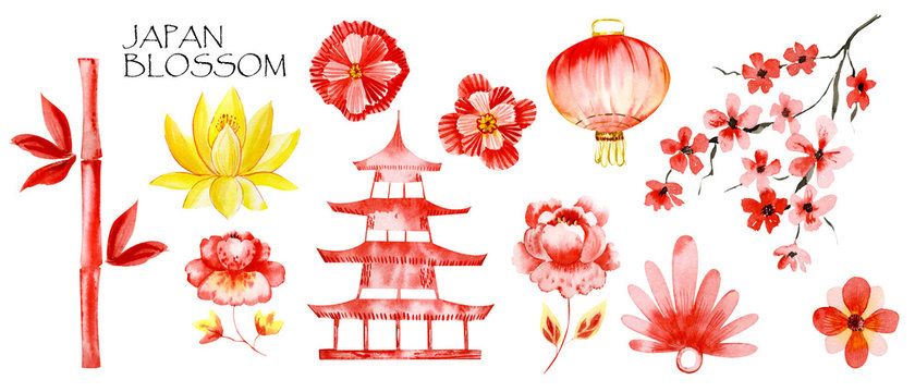 Watercolor set with Japan traditional Cliparts. Chinese Laterns, Dragoon, flowers,  pagoda, sakura, bamboo. Traditional Elelments isolated on white