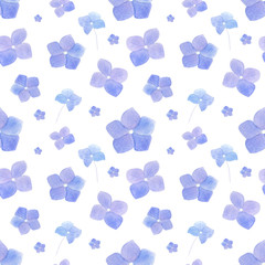 Fototapeta na wymiar Watercolor hand drawn violet hydrangea flowers seamless pattern on white background. Monochrome flowers background. Perfect for covers, print, textile, fabric design. 