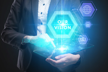 Business, Technology, Internet and network concept. Young businessman working on a virtual screen of the future and sees the inscription: Our vision