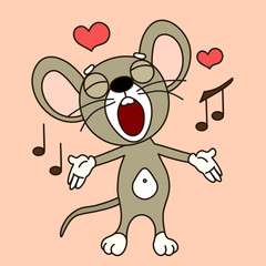 Greeting card valentine with a cool mouse guy who sings a serenade, color vector emoticon on a pink isolated background