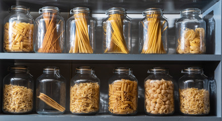different kinds of pasta in the jars