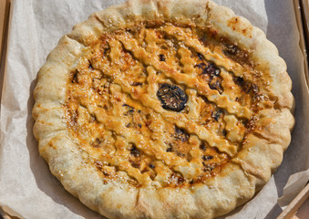 salty pie with meat and sesame seeds closeup