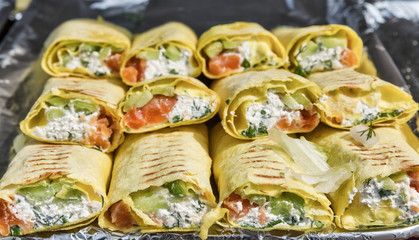 fast food pita bread with soft cheese and salmon