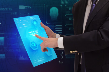 Business, Technology, Internet and network concept. Young businessman working on a virtual screen...