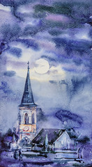 Watercolor hand painted winter landscape. Night church. Architecture 