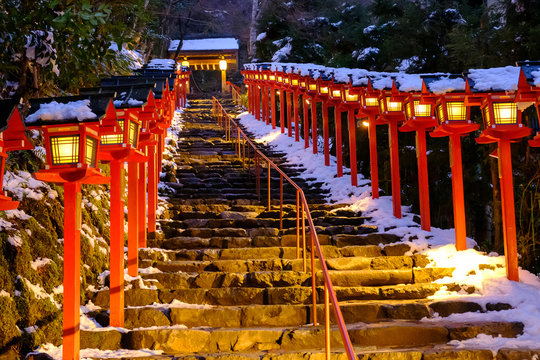 The lantern-lined steps in winter snow in Kibune at night