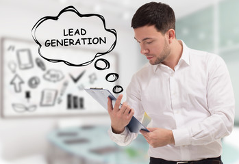 Business, technology, internet and network concept. The young businessman comes to mind the keyword: Lead generation