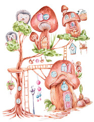 Aquarel cartoon fantasie paddestoel huis en egels illustratie. Kan worden gebruikt voor baby& 39 s afdrukken, patroon, wenskaarten, verjaardagsuitnodigingen, babydouche