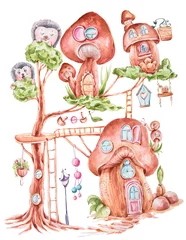 Fototapete Fantasiehäuser Aquarell Cartoon Fantasy Pilzhaus und Igel Illustration. Kann für Babys Druck, Muster, Grußkarten, Geburtstagseinladungen, Babyparty verwendet werden
