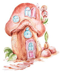 Aquarel cartoon fantasie paddestoel huis clipart. Kan worden gebruikt voor baby& 39 s afdrukken, patroon, wenskaarten, verjaardagsuitnodigingen, babydouche