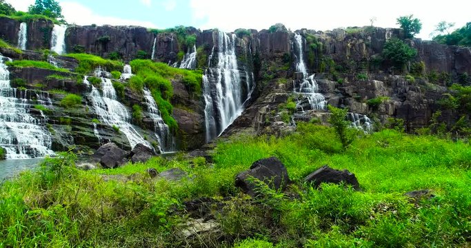 Aerial shooting of beautiful Pongour waterfall in Vietnam, Da lat city.Drone view for amazing vietnamese landscape.