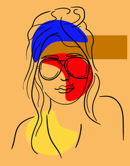 girl with long hair and glasses , abstract, continuous line, pop art  , portrait, vector illustration . Concept for print, logo, icon, web design, cards  