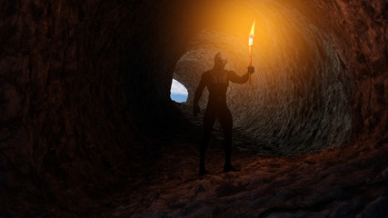 3d Illustration of a reptilian humanoid holding a burning torch in a cave