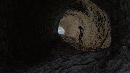 3d Illustration of a reptilian humanoid exploring a cave © Suliman Razvan