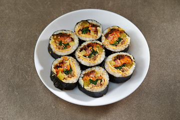 Gimbap, Korean rice rolls on plate 