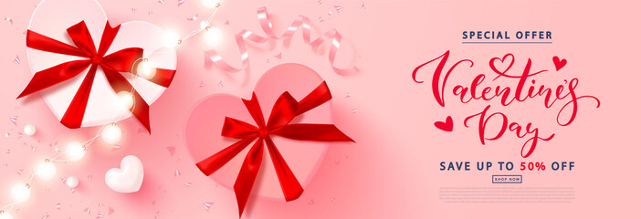 Fototapeta na wymiar Happy valentine's day sale poster. Holiday background with gift boxes, hearts, pink ribbon, garland and confetti. Vector illustration for website,banners,ads,coupons,promotional material
