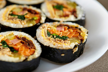 Gimbap, Korean rice rolls on plate 