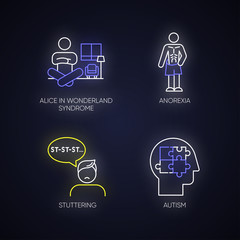 Mental disorder neon light icons set. Alice in wonderland syndrome. Anorexia. Eating disorder. Underweight body. Stuttering. Speech disorder. Autism. Glowing signs. Vector isolated illustrations