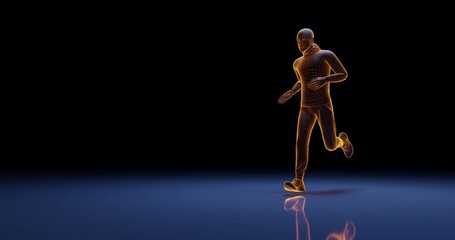 3D rendered animation of a man with glowing orange wireframe and edges jogging on blue reflected floor. Concept of technology in sports. Copy Space available. - Powered by Adobe