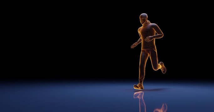 3D rendered animation of a man with glowing orange wireframe and edges jogging on blue reflected floor. Concept of technology in sports. Copy Space available.