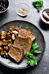 Slow cooked beef with mushrooms and blueberry sauce