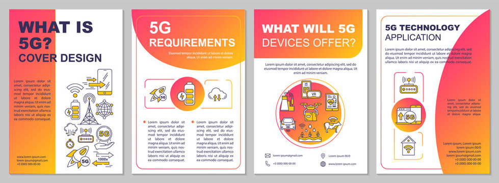 What is 5g brochure template. Requirements and technology application. Flyer, booklet, leaflet print, cover design with linear icons. Vector page layouts for magazines, reports, advertising posters