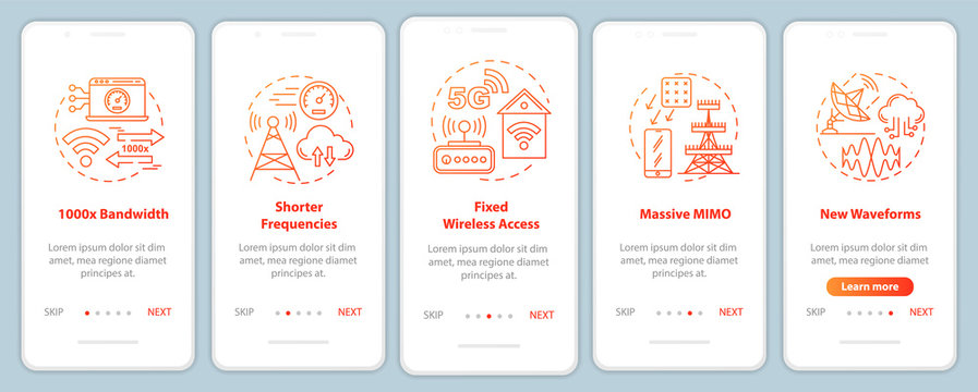 5G technologies onboarding mobile app page screen vector template. Shorter frequencies. Massive MIMO. Walkthrough website steps with linear illustrations. UX, UI, GUI smartphone interface concept