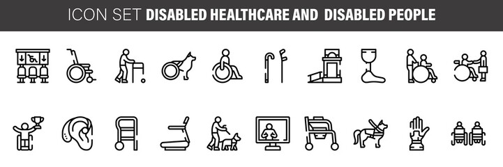 Disabled nursing and disabled healthcare icons. thin line vector signs