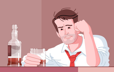 Male alcoholic flat vector illustration. Alcohol dependence. Alcoholism habitual. Hide from problems with whiskey. Sad, tired, drunk caucasian man holding glass of booze cartoon character