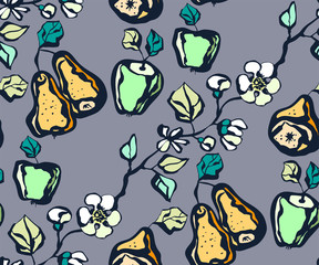 Fototapeta na wymiar Seamless floral pattern with fruts and flowers. Ornamental decorative background. Vector pattern. Print for textile, cloth, wallpaper, scrapbooking