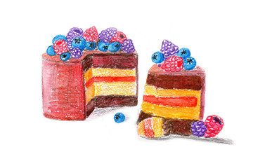 Confectionery, cake banana-chocolate-mango-orange. Decorated with berries. Watercolor illustration.
