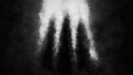 Three standing silhouettes of monks in the light inside the temple of fate.